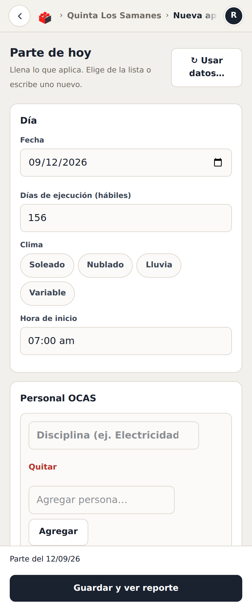 Formulario de carga en el celular